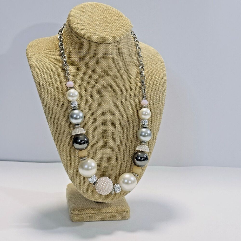 Chunky Single Strand Necklace LG Round Beads Pink Silver Grey Faux Pearl Silver